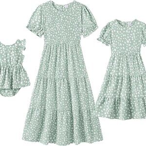 Mommy and Me Dresses Summer Boho Casual Ruffle Puff Sleeve High Waist Midi